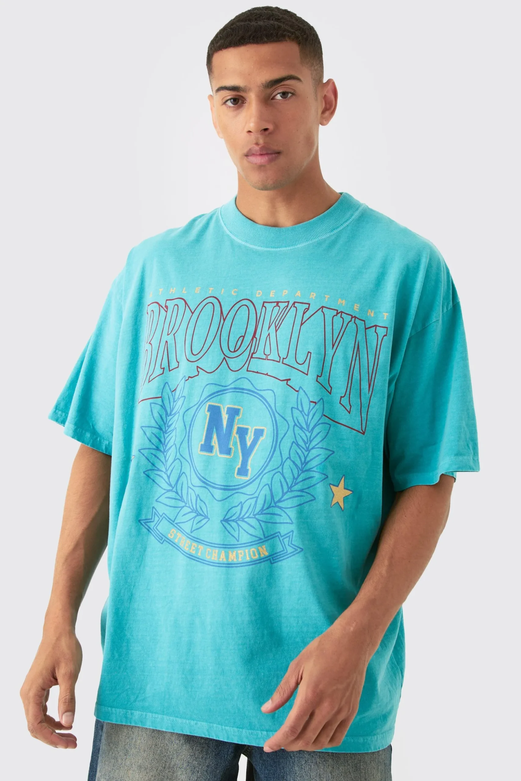 Oversized Extended Neck Wash Varsity Brooklyn Print T-shirt | BoohooMAN UK