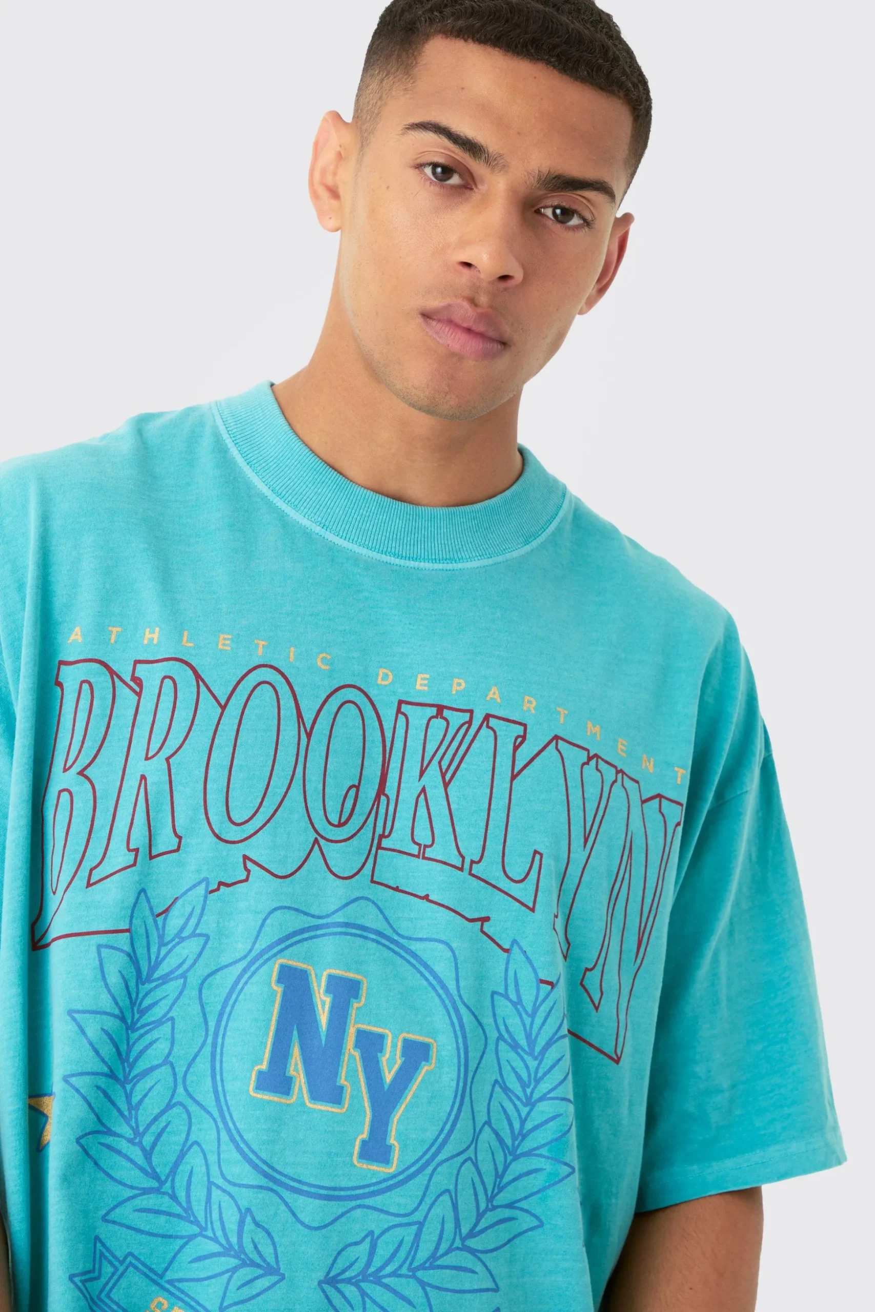 Oversized Extended Neck Wash Varsity Brooklyn Print T-shirt | BoohooMAN UK