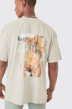 Oversized Extended Neck Wash Renaissance Back Print T-shirt | BoohooMAN UK