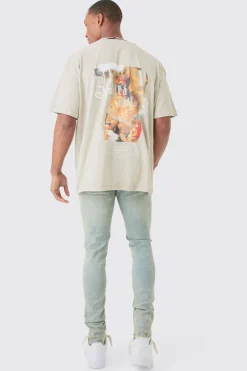 Oversized Extended Neck Wash Renaissance Back Print T-shirt | BoohooMAN UK