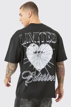 Oversized Extended Neck Web Heart Back Print T-shirt | BoohooMAN UK