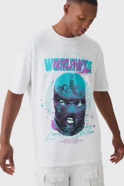 Oversized Extended Neck Worldwide Distressed T-shirt | BoohooMAN UK