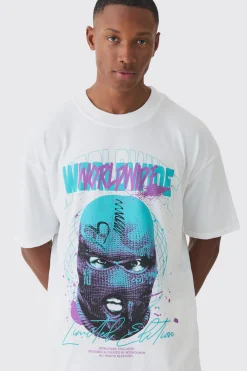Oversized Extended Neck Worldwide Distressed T-shirt | BoohooMAN UK