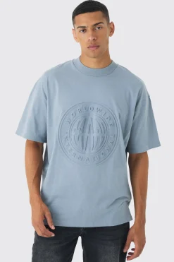 Oversized Extended Neck Worldwide Embossed T-Shirt | BoohooMAN UK
