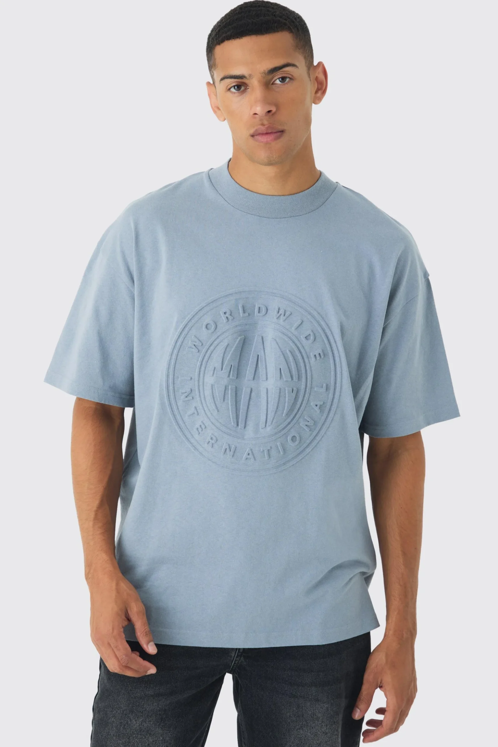Oversized Extended Neck Worldwide Embossed T-Shirt | BoohooMAN UK
