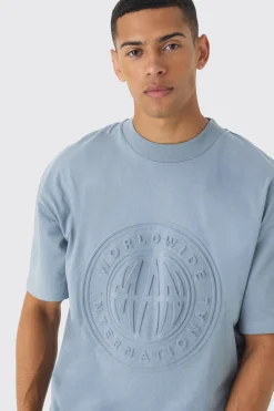 Oversized Extended Neck Worldwide Embossed T-Shirt | BoohooMAN UK