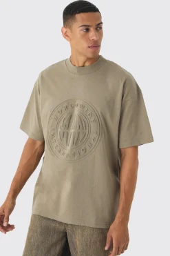Oversized Extended Neck Worldwide Embossed T-Shirt | BoohooMAN UK