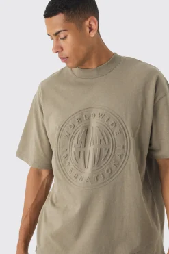 Oversized Extended Neck Worldwide Embossed T-Shirt | BoohooMAN UK