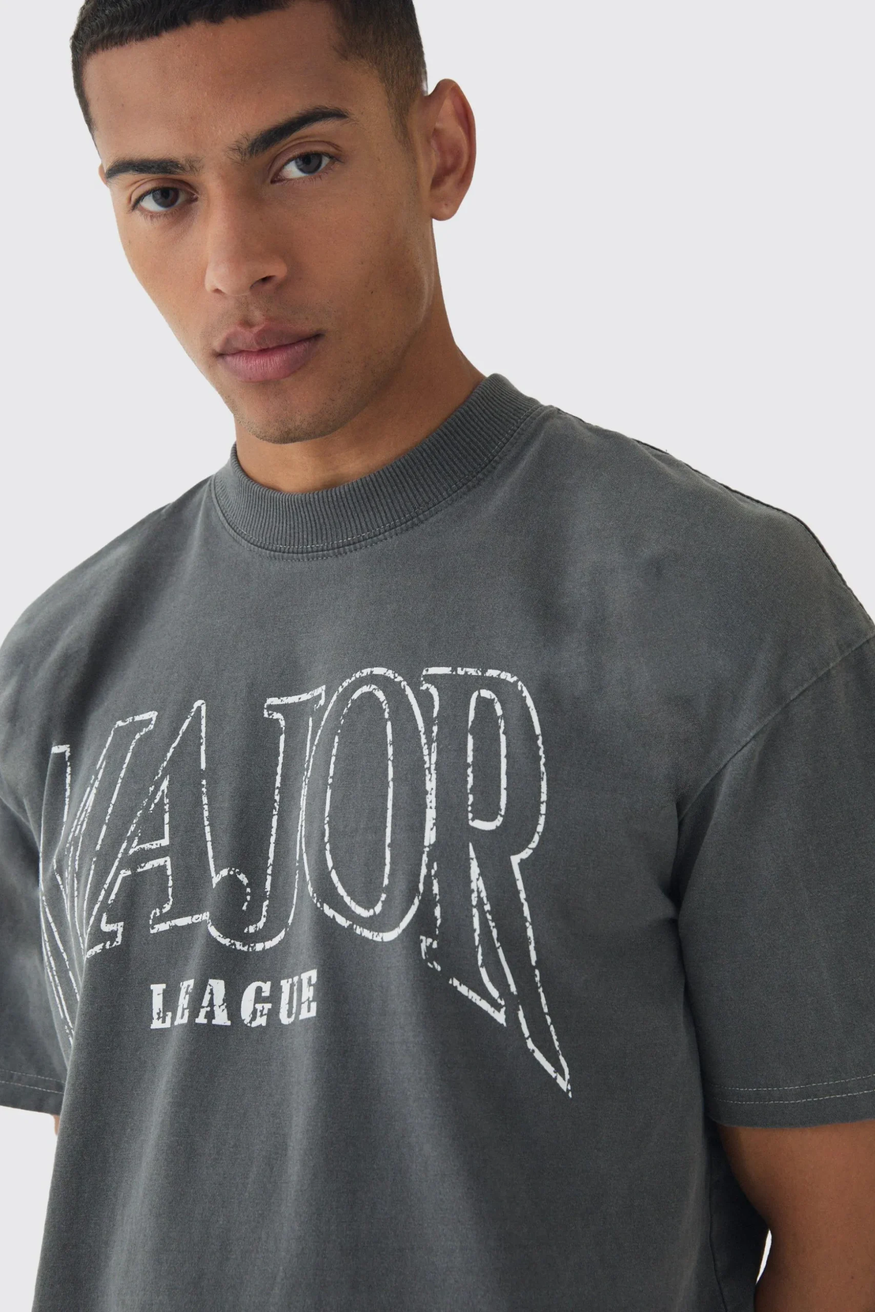 Oversized Extended Neck Washed Major League Print T-Shirt | BoohooMAN UK