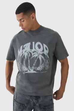 Oversized Extended Neck Washed Major Print T-Shirt | BoohooMAN UK