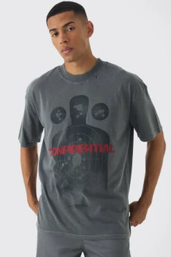 Oversized Extended Neck Wash Distressed Printed T-Shirt | BoohooMAN UK