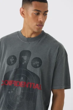 Oversized Extended Neck Wash Distressed Printed T-Shirt | BoohooMAN UK