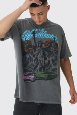 Oversized Extended Neck Wash Statue Print Distressed T-Shirt | BoohooMAN UK