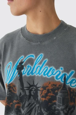 Oversized Extended Neck Wash Statue Print Distressed T-Shirt | BoohooMAN UK