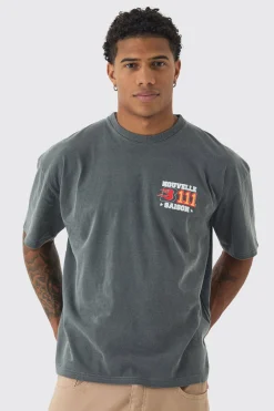 Oversized Extended Neck Washed Varsity Print T-Shirt | BoohooMAN UK