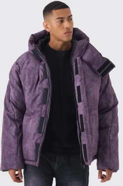 Oversized Extreme Padded Washed Hooded Puffer Coat In Purple | BoohooMAN UK
