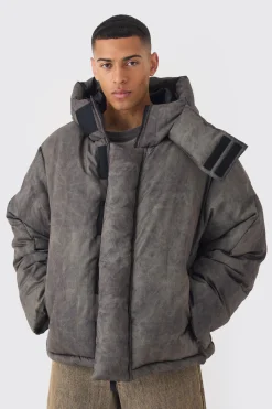 Oversized Extreme Padded Washed Hooded Puffer Coat In Khaki | BoohooMAN UK