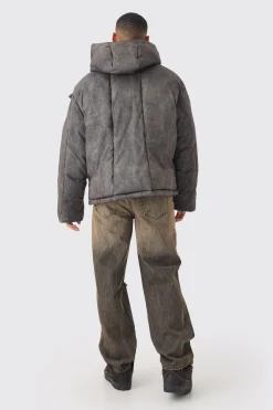 Oversized Extreme Padded Washed Hooded Puffer Coat In Khaki | BoohooMAN UK