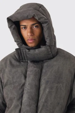 Oversized Extreme Padded Washed Hooded Puffer Coat In Khaki | BoohooMAN UK