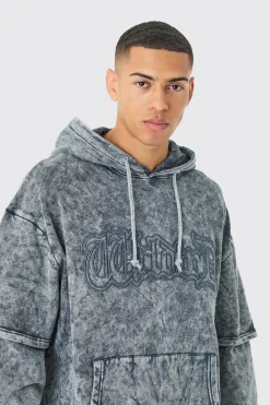 Oversized Faux Layer Acid Wash Embroidered Hoodie | BoohooMAN UK
