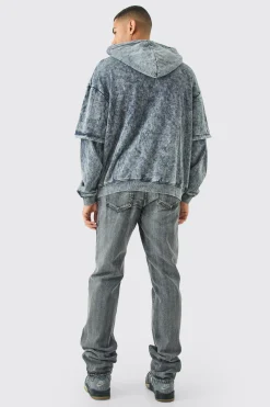 Oversized Faux Layer Acid Wash Embroidered Hoodie | BoohooMAN UK