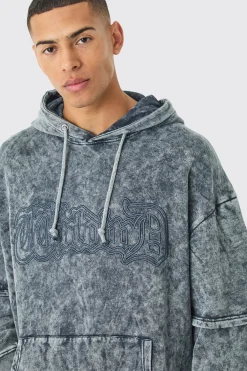 Oversized Faux Layer Acid Wash Embroidered Hoodie | BoohooMAN UK