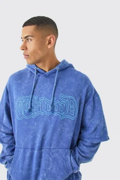 Oversized Faux Layer Acid Wash Embroidered Hoodie | BoohooMAN UK