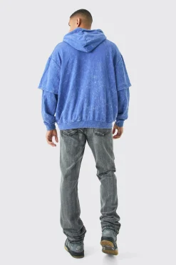 Oversized Faux Layer Acid Wash Embroidered Hoodie | BoohooMAN UK