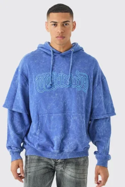 Oversized Faux Layer Acid Wash Embroidered Hoodie | BoohooMAN UK