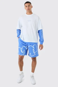 Oversized Faux Layer T-shirt And Mesh Short Set | BoohooMAN UK