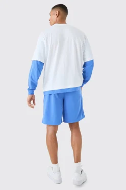 Oversized Faux Layer T-shirt And Mesh Short Set | BoohooMAN UK