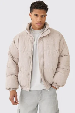 Oversized Faux Suede Worldwide Funnel Neck Puffer In Stone | BoohooMAN UK