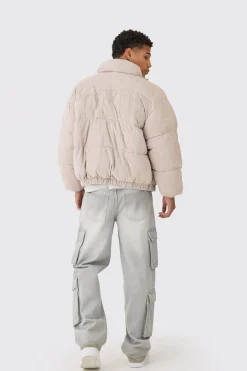 Oversized Faux Suede Worldwide Funnel Neck Puffer In Stone | BoohooMAN UK