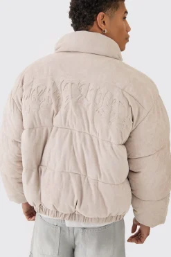 Oversized Faux Suede Worldwide Funnel Neck Puffer In Stone | BoohooMAN UK