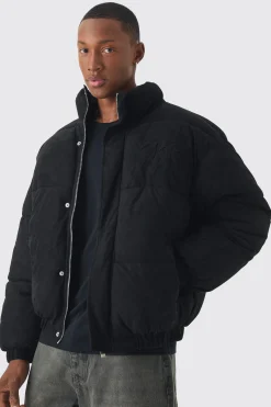 Oversized Faux Suede Worldwide Funnel Neck Puffer In Black | BoohooMAN UK