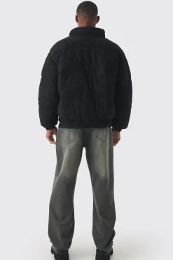 Oversized Faux Suede Worldwide Funnel Neck Puffer In Black | BoohooMAN UK