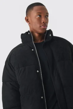 Oversized Faux Suede Worldwide Funnel Neck Puffer In Black | BoohooMAN UK