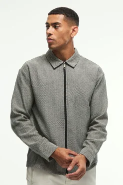 Oversized Fit Zip Through Herringbone Shirt | BoohooMAN UK