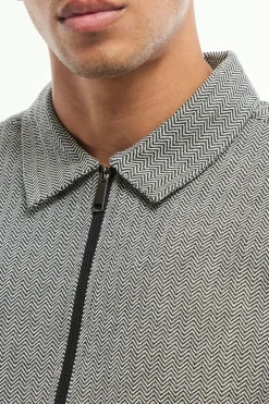Oversized Fit Zip Through Herringbone Shirt | BoohooMAN UK