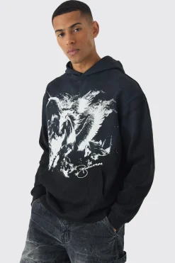 Oversized Flame Horse Printed Spray Wash Hoodie | BoohooMAN UK