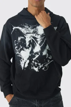 Oversized Flame Horse Printed Spray Wash Hoodie | BoohooMAN UK