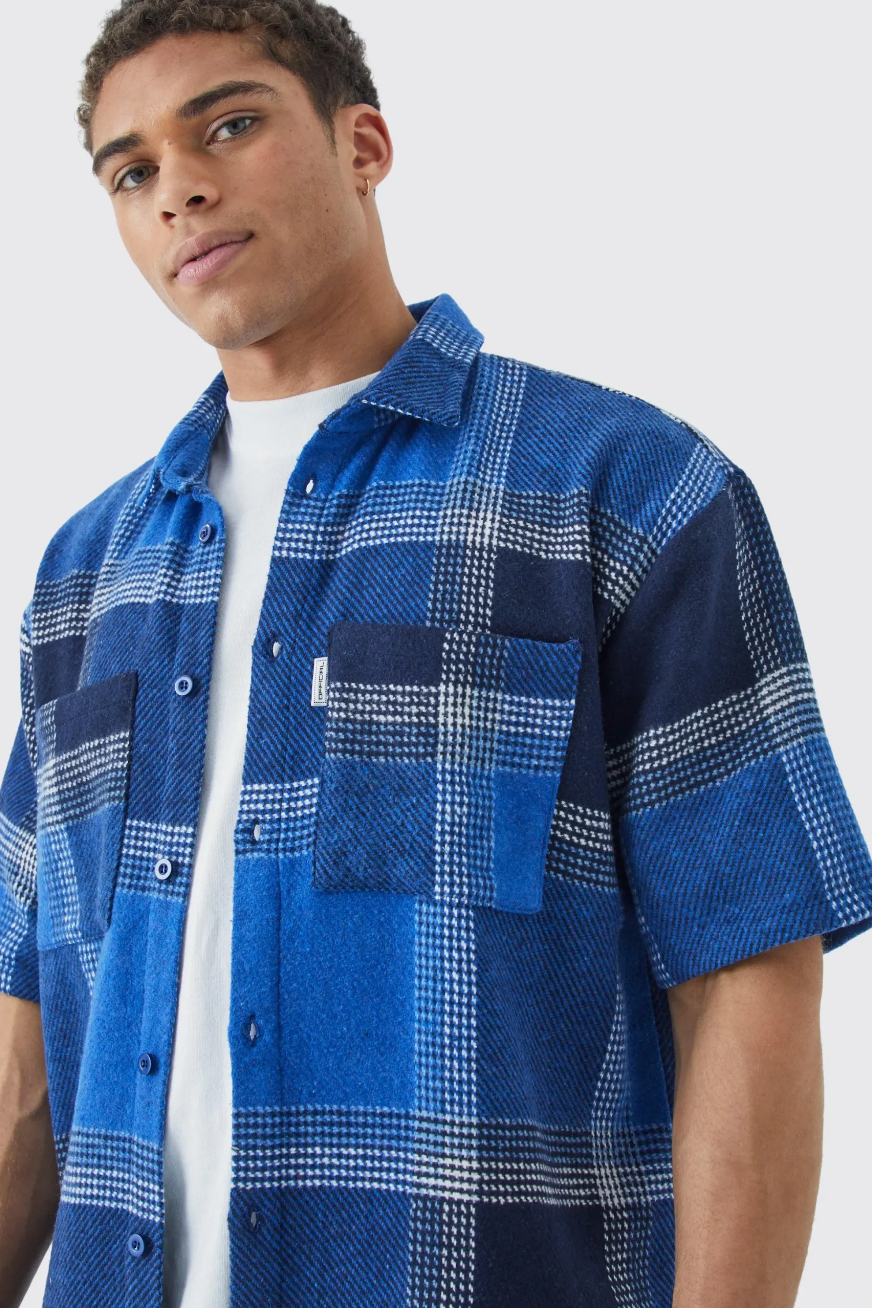 Oversized Fleece Woven Tab Check Overshirt | BoohooMAN UK