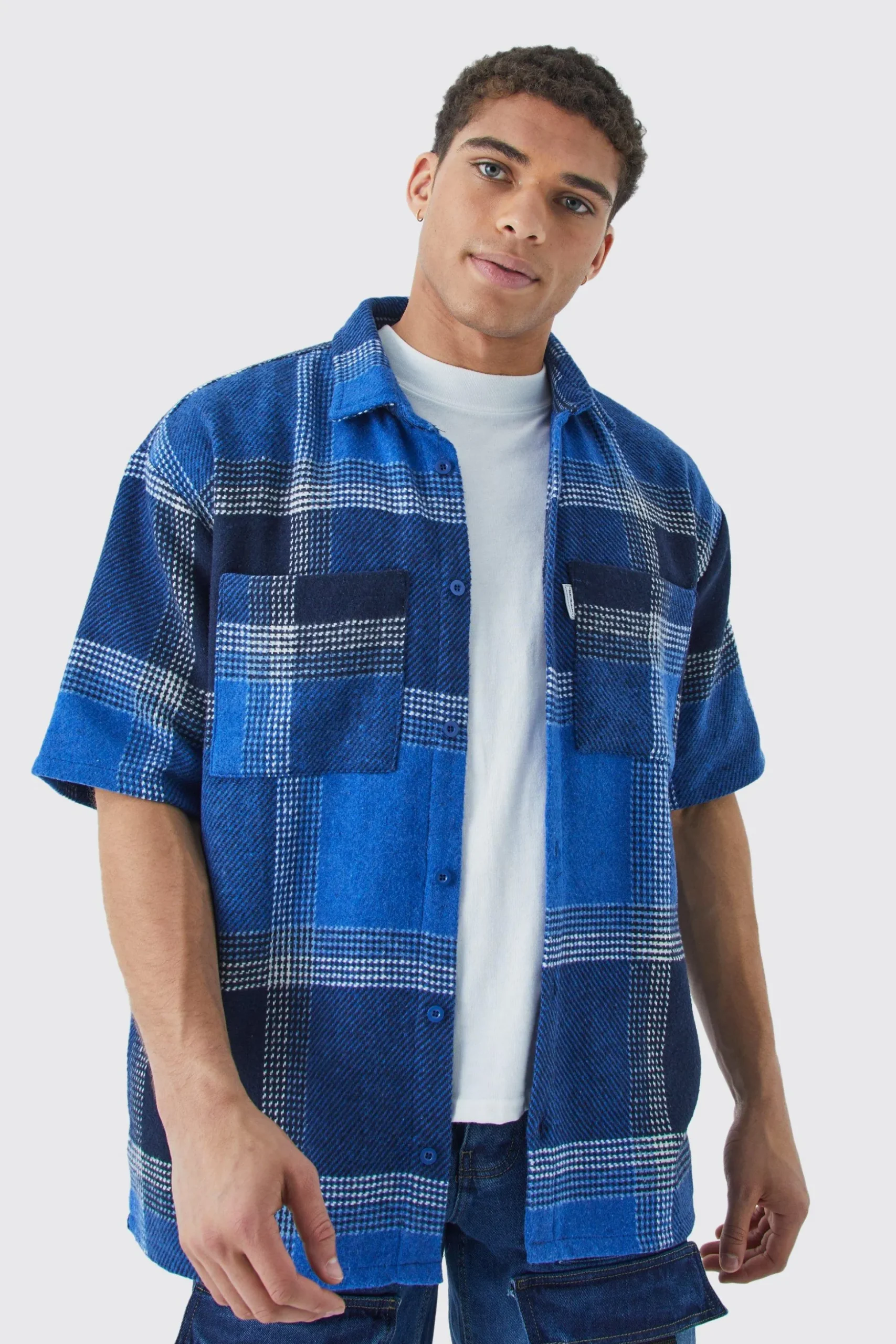 Oversized Fleece Woven Tab Check Overshirt | BoohooMAN UK