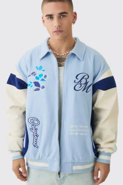 Oversized Floral Badge Collared Varsity Jacket In Light Blue | BoohooMAN UK