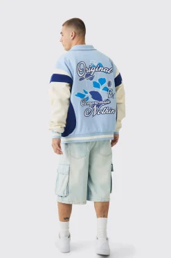 Oversized Floral Badge Collared Varsity Jacket In Light Blue | BoohooMAN UK
