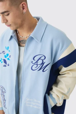 Oversized Floral Badge Collared Varsity Jacket In Light Blue | BoohooMAN UK
