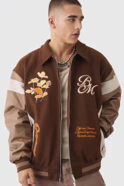 Oversized Floral Badge Collared Varsity Jacket In Brown | BoohooMAN UK