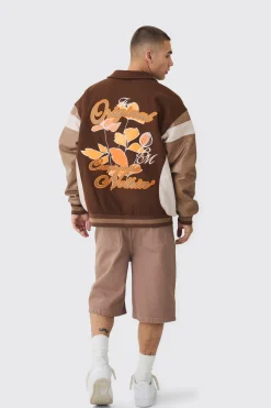 Oversized Floral Badge Collared Varsity Jacket In Brown | BoohooMAN UK