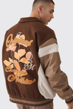 Oversized Floral Badge Collared Varsity Jacket In Brown | BoohooMAN UK