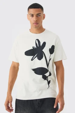 Oversized Floral Drawing Print Wash T-shirt | BoohooMAN UK
